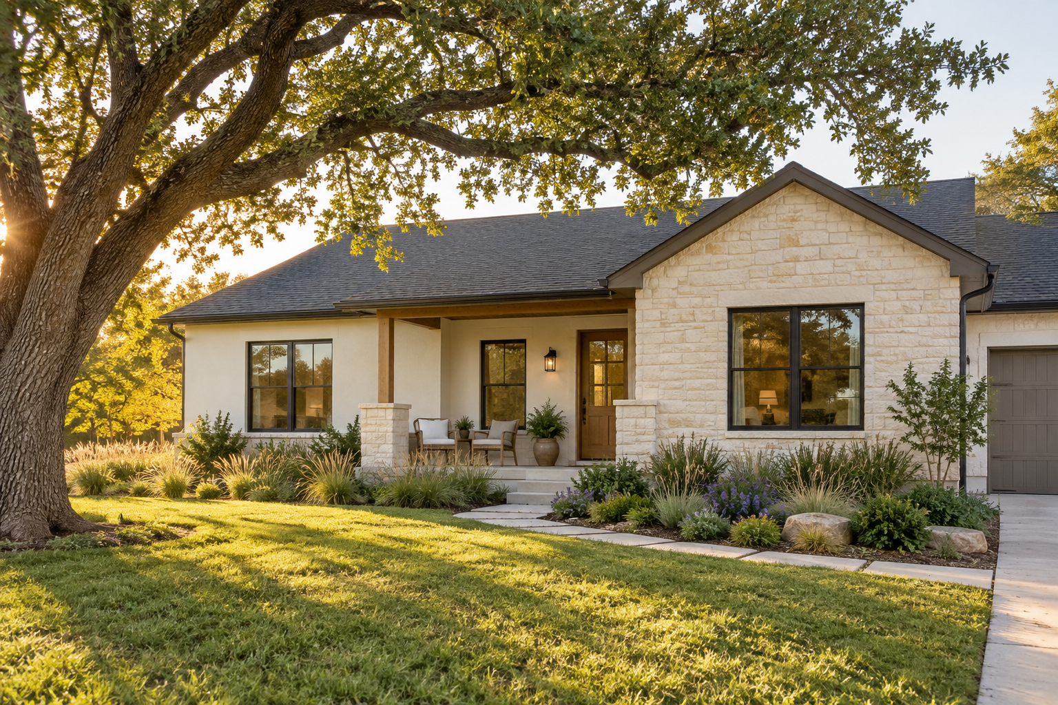 Illustrative renovated Texas ranch home with a limestone exterior and a welcoming porch beneath a live oak